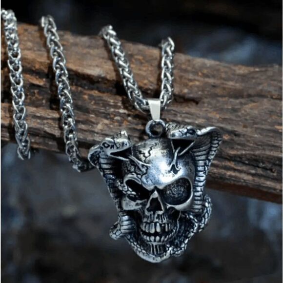 Skull Double Snake Stainless Steel Unisex Pendant Necklace - Picture 2 of 9